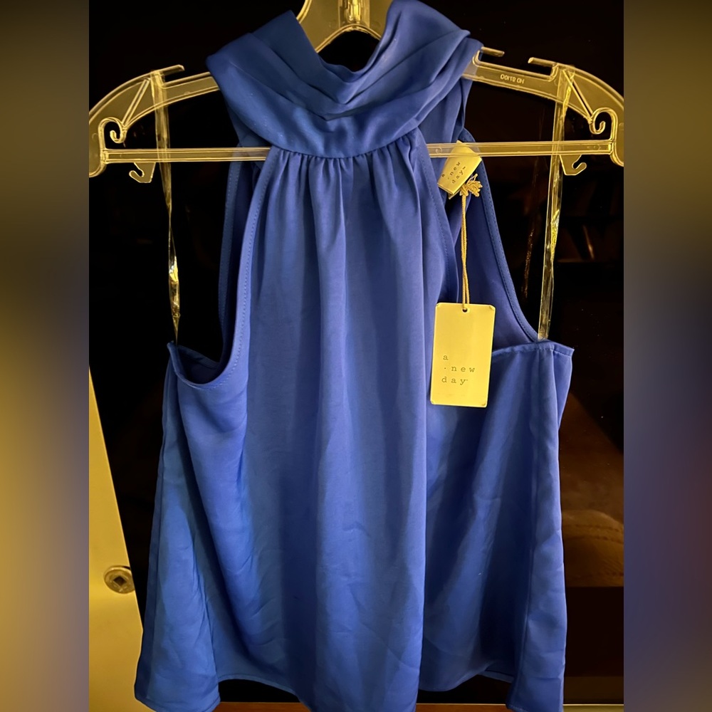 NWT A New Day satin royal blue top, ties at neck size L